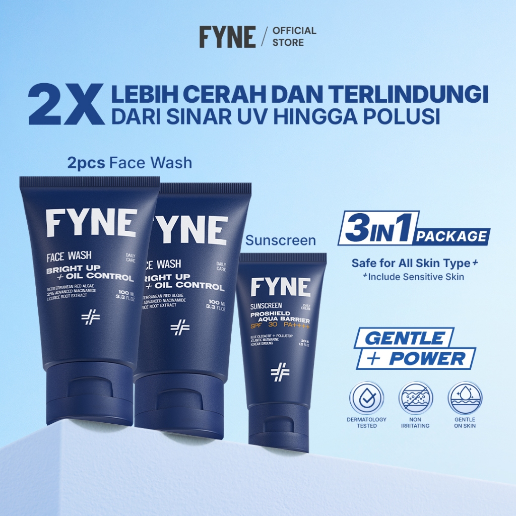 FYNE [SKINCARE PRIA GENTLE PACKAGE] Triple Defense Kit 2 Face Wash Bright Gentle  + 1 Sunscreen - Sa