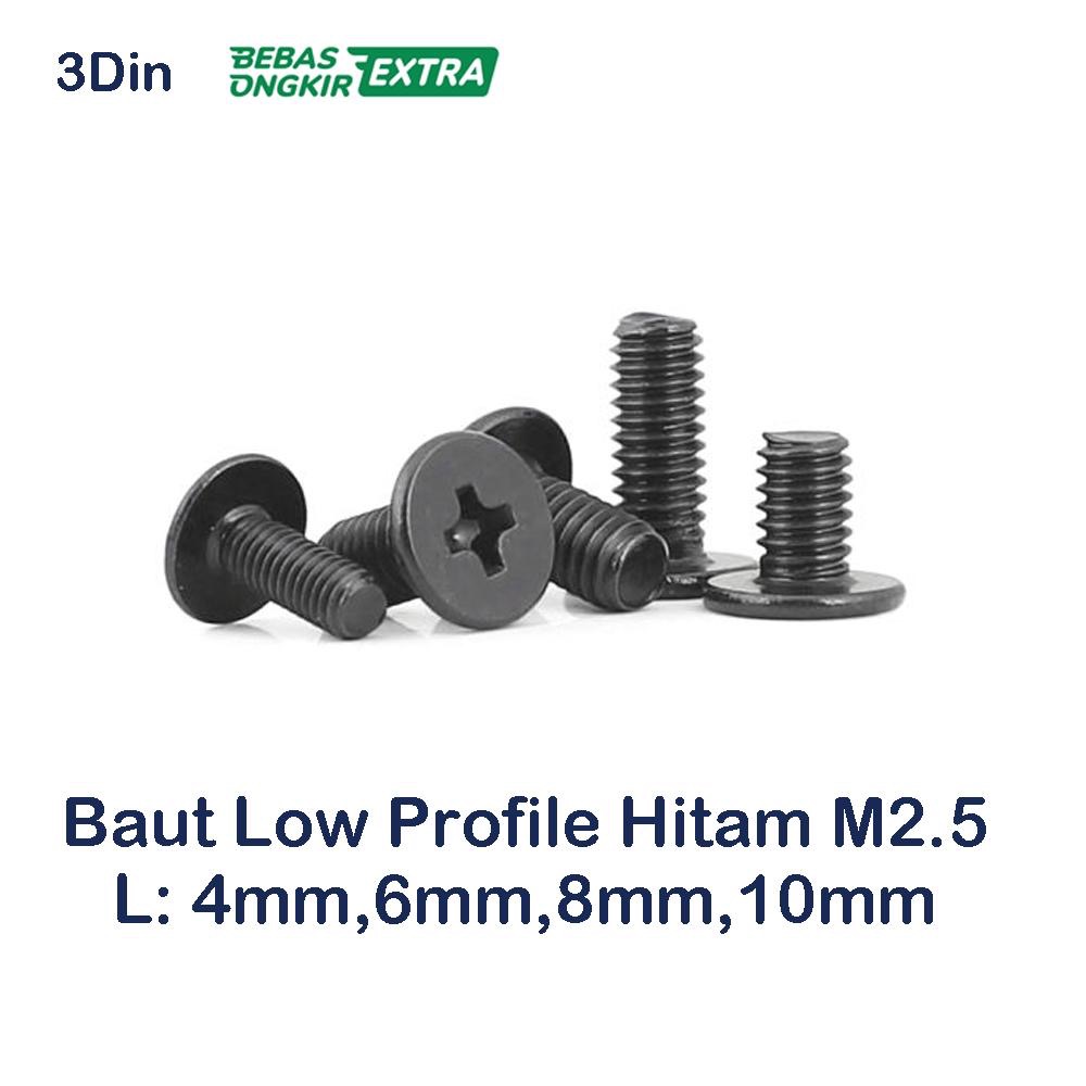Baut M2.5 Flat Low Profile Hitam 4 6 8 10 M2.5x4 M2.5x6 M2.5x8 M2.5x10