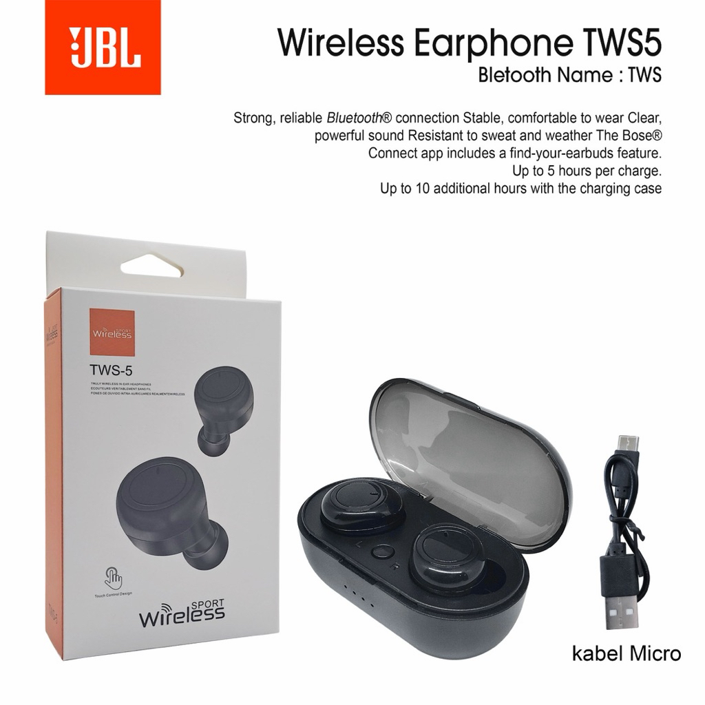 Headset Earphone Handsfree TWS Bluetooth TWS 5 JBL + Kabel Charger Micro