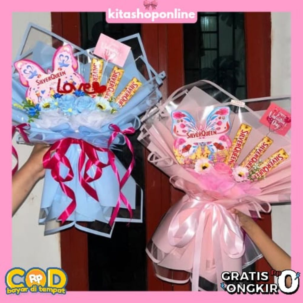 PROMO INSTANT [ READY ] Buket Silverqueen Butterfly Jumbo Pink Biru Gift Coklat Valentine Day