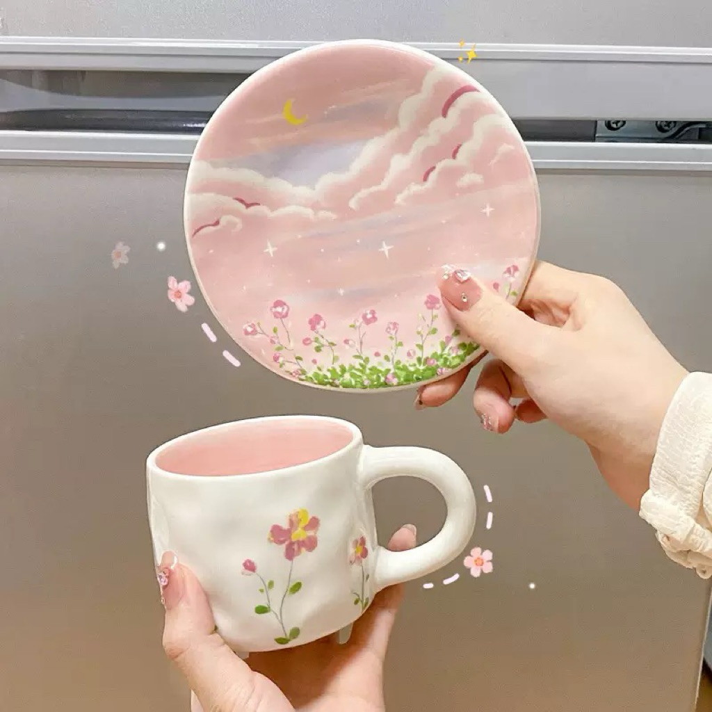 LIVINSTORE Painted Set Mug Keramik Set Estetik Korea Lucu Teh Kopi Pastel Bunga - Aesthetic Korean C