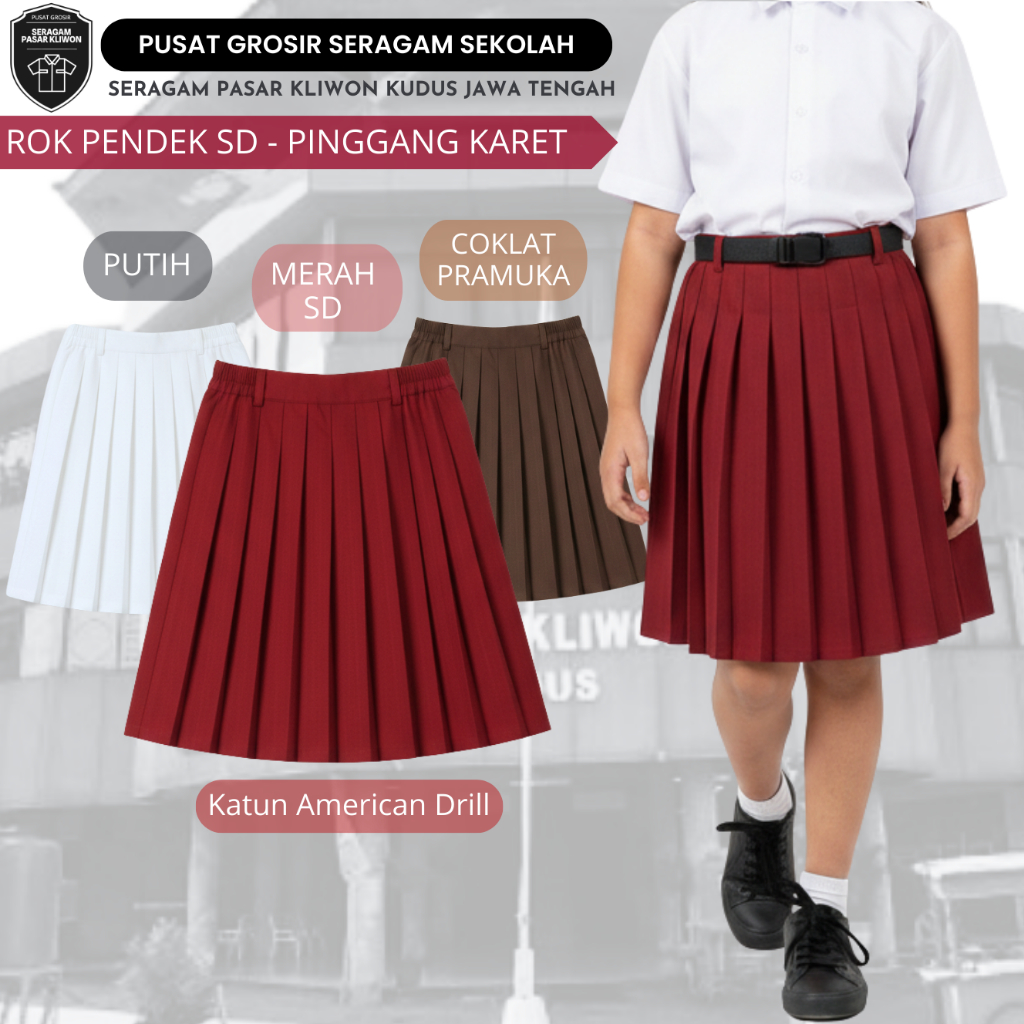 Rok Pendek Sekolah SD Perempuan Seragam Sekolah SD Rok Pendek Rempel lipit Plisket Rok Merah Rok Cok