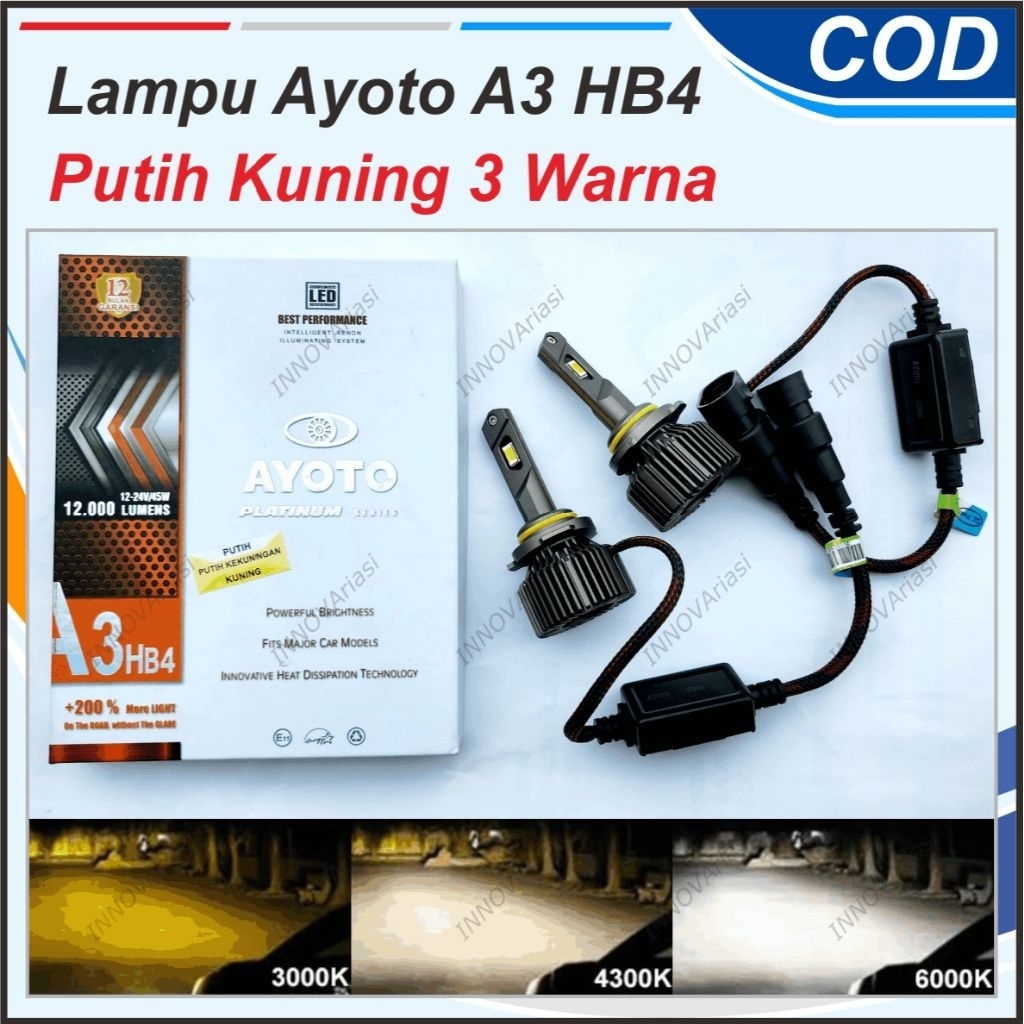 LAMPU KABUT FOGLAMP & HEADLAMP LAMPU UTAMA JAUH AYOTO A3 H11 HB3 9005 HB4 9006 3 WARNA PUTIH KUNING 