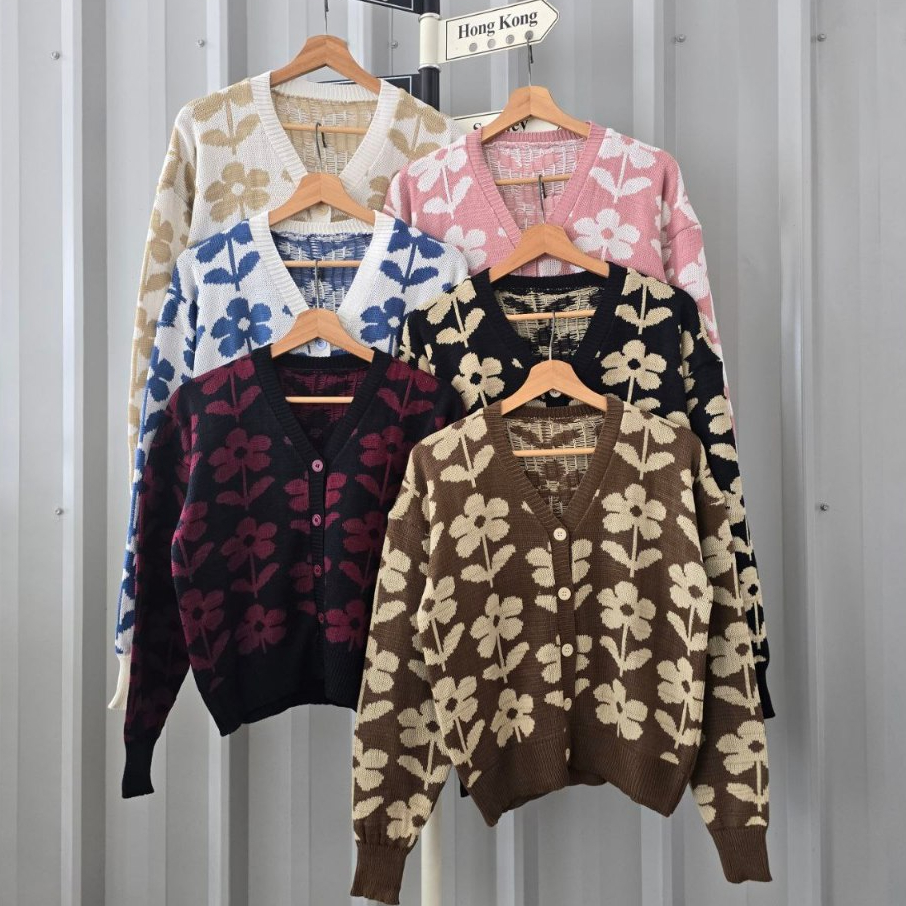 CARDIGAN RAJUT FLOWER / OUTER RAJUT WANITA KOREA MOTIF BUNGA -