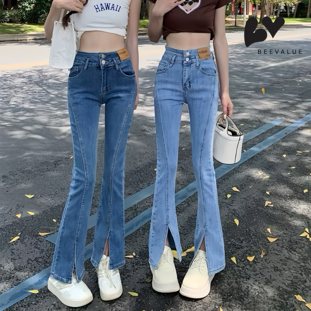 [Beevalue] Celana Jeans Panjang Wanita Highwaist BootCut | CutBray Stretch Ngaret Motif Belah Depan 
