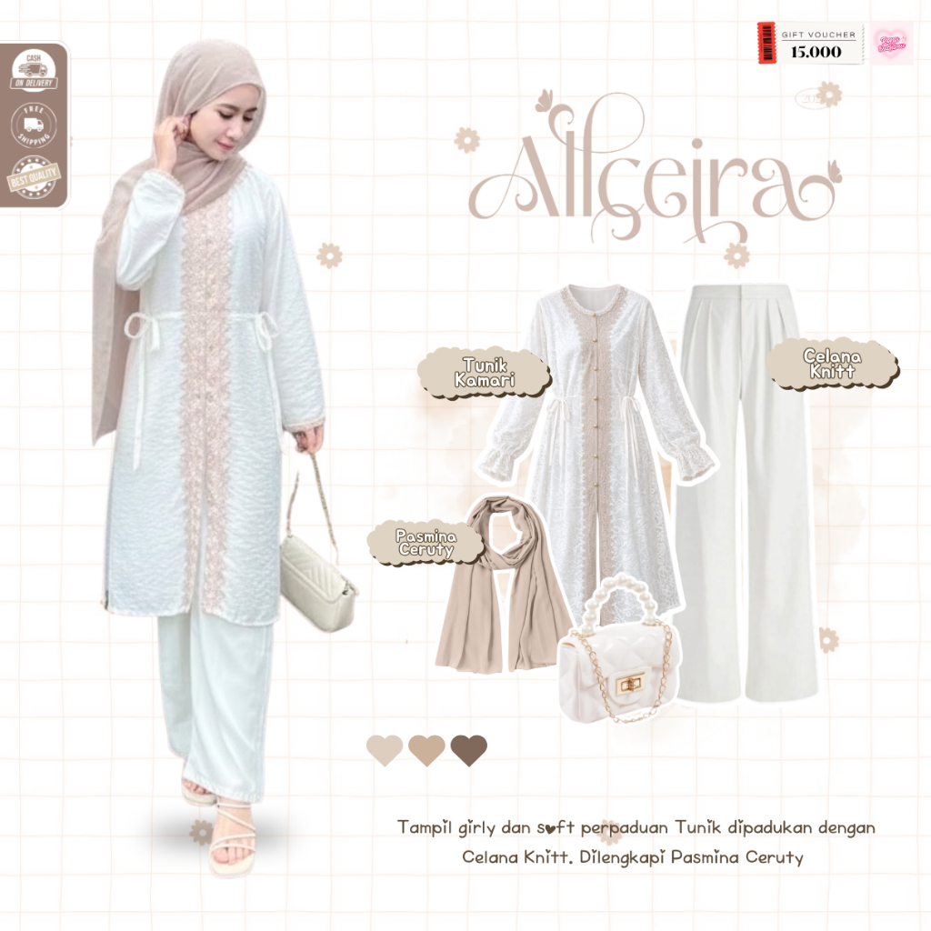 Ayla Oneset Brukat Kamari Viral ( Hijab Pasmina + Tunik Kamari + Celana Scuba ) Outfit Wanita Hijab 