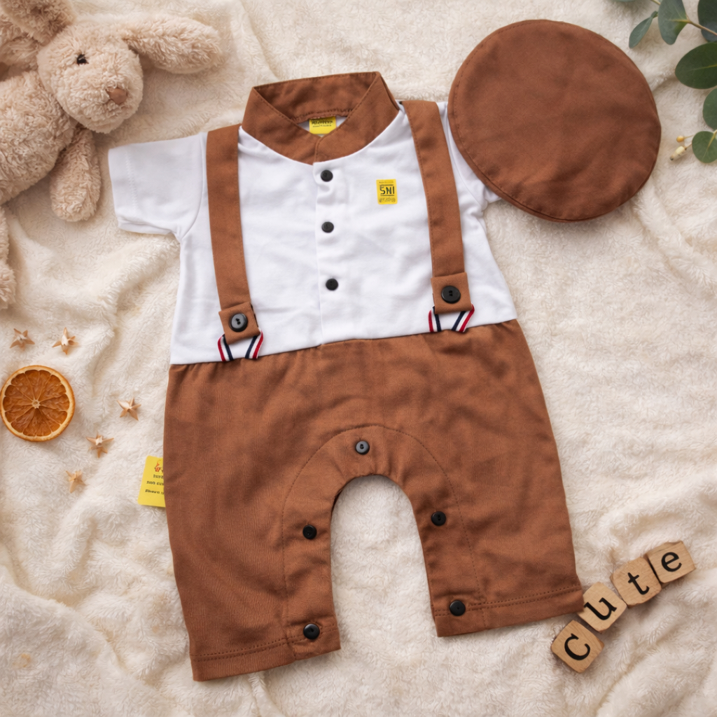 Romper Bayi Laki-Laki Tuxedo Jas Putih Garis Topi | Baju Bayi Cowok Formal 0 6 Bulan Goldenkidshop