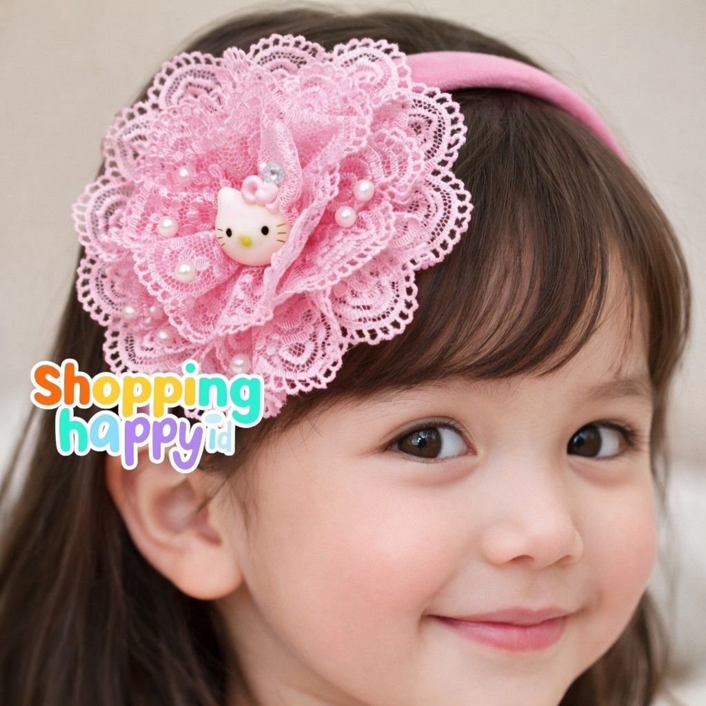 Bando Anak Hello Kitty Renda Bunga Mutiara – Aksesoris Rambut Anak Perempuan Lucu