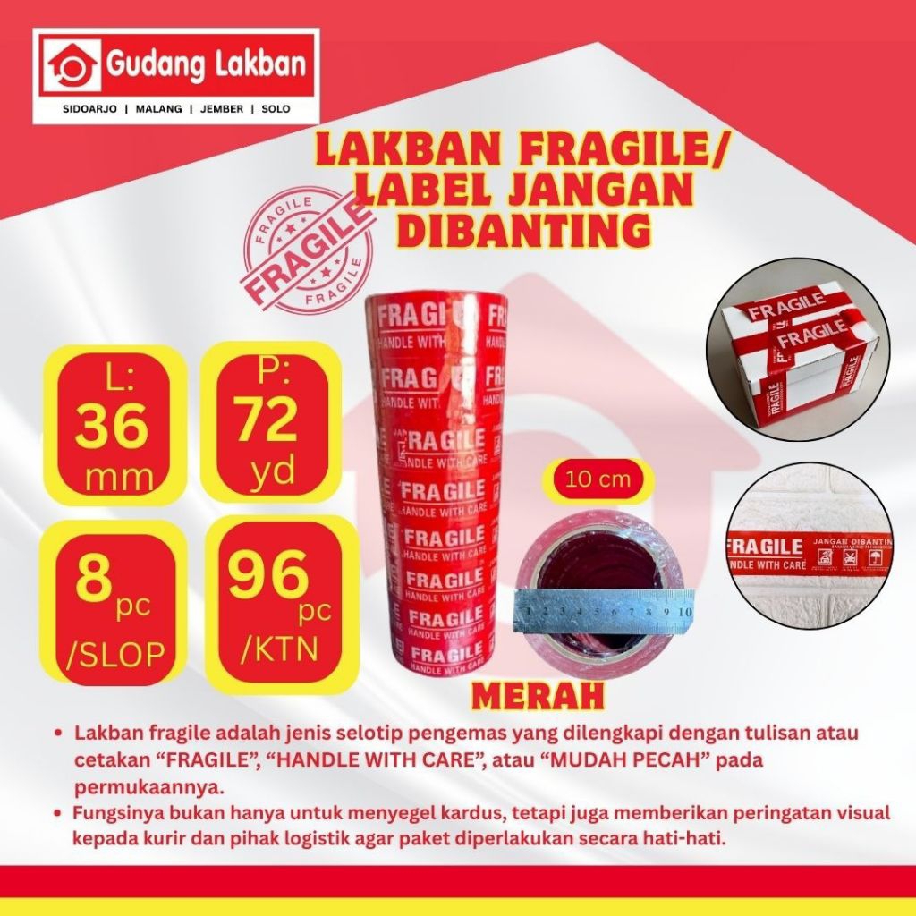 FRAGILE MATIC MERAH 36MM X 72YARD (ISI 8pcs) 48micron