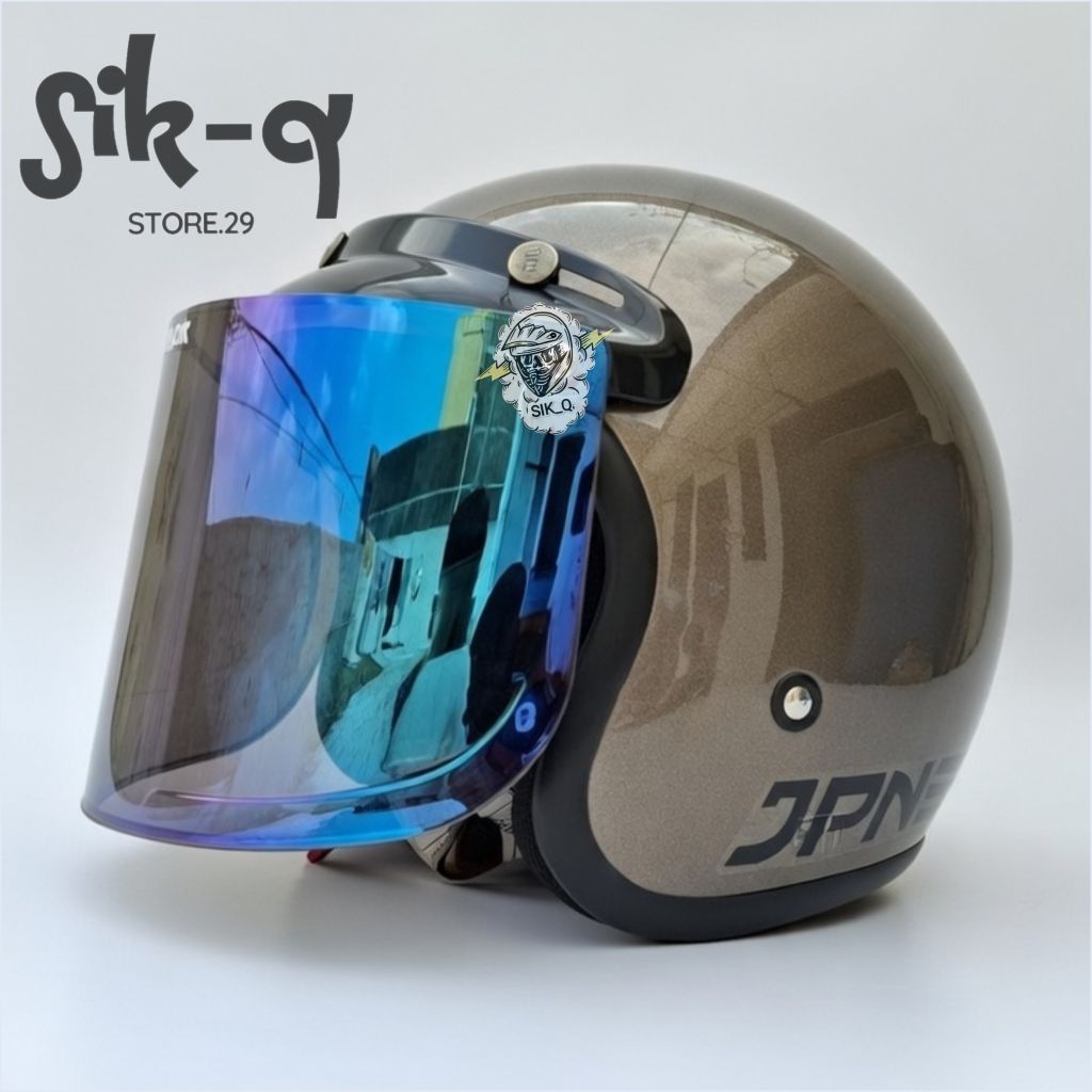 Helm JPN Original satu set dengan kaca datar silver dan kaca datar pelangi
