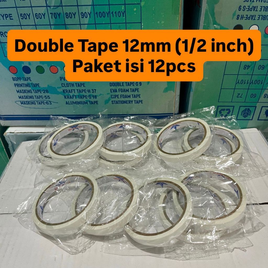 Double Tape Bening 12mm (PAKET ISI 12 PCS) Solasi Dabel Tip Kecil Tipis Seven Star 1/2 inch / Isolas