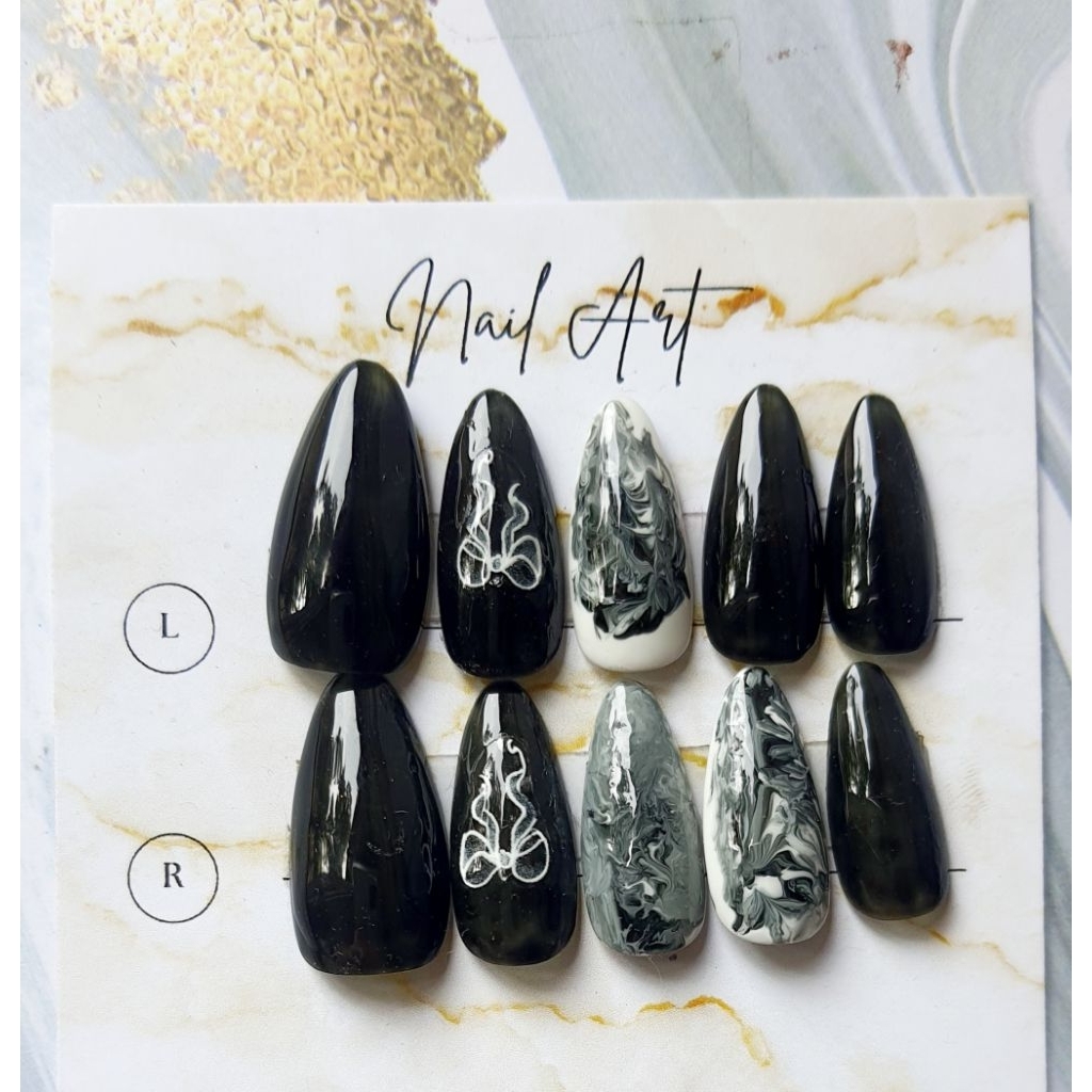Kuku Palsu Hitam Marble Nail Art Premium Handmade