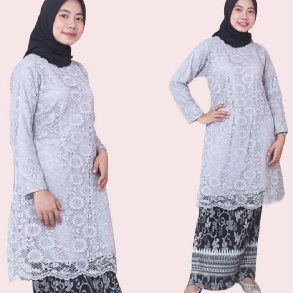 Set Kebaya Modern Wisuda Bahan Brokat Full Puring Warna Silver