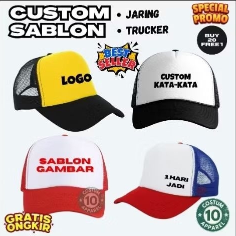 Topi Trucker Jaring Sablon Custom DTF Printing Desain Bebas Bisa Satuan Partai Grosiran