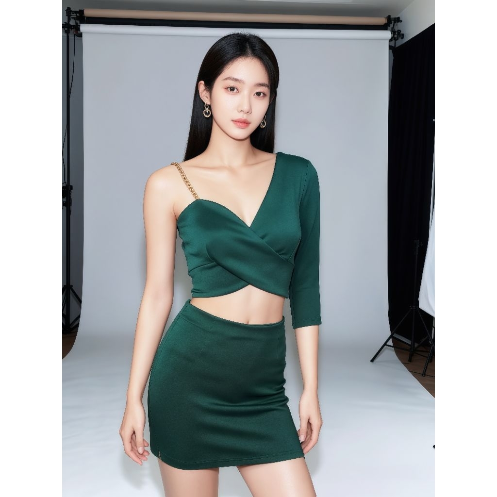 ​Set Dress Scuba Premium One Shoulder Tali Rantai Gold Anti Karat (XS-XL) - Eve Dress#E-025