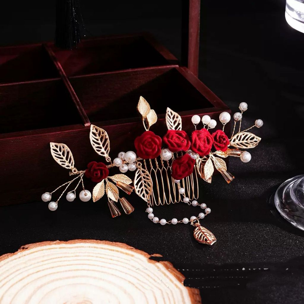 Hairpiece Bridal Mawar Merah Premium Gold Leaf