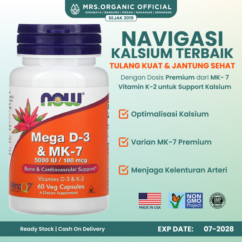 Suplemen Vitamin Mega D3 D 3 dan MK7 5000 IU 180 mcg 60 Kapsul + D3 5000IU + K2