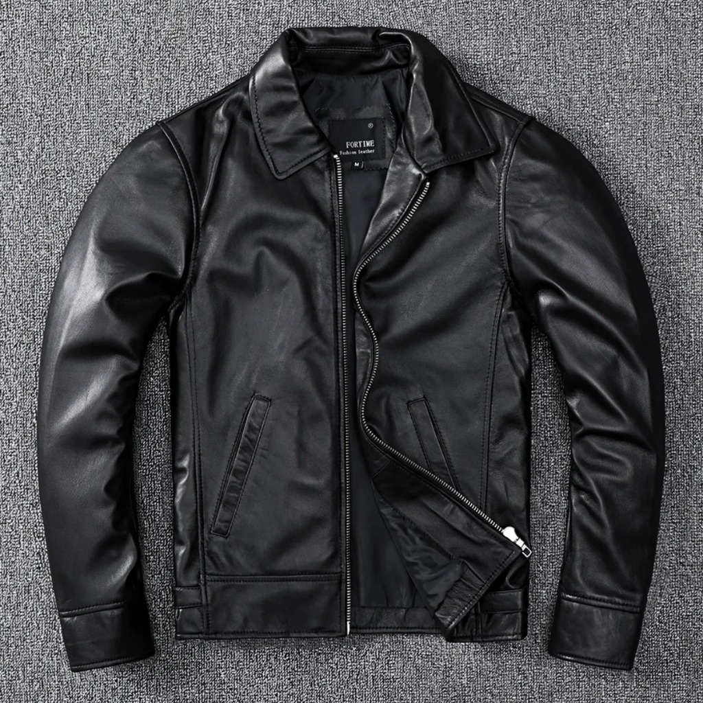 FORTIME Jaket Kulit Domba Pria Premium - Slim Fit Genuine Leather Jacket Black Klasik