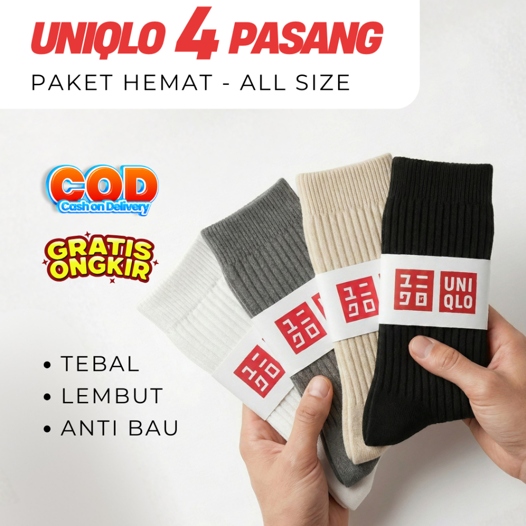 Paket 4 Kaos Kaki Uniqlo Polos Basic Socks Katun Tebal Halus Hitam Putih Abu Pria Wanita All Size