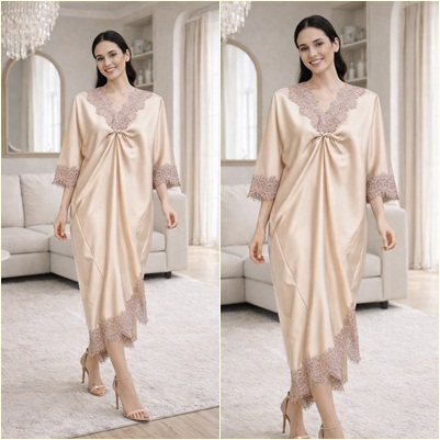 Raya Dress Baju Kaftan Renda Wanita Lebaran Mewah Gamis Satin Lace Renda Premium Outfit Kondangan