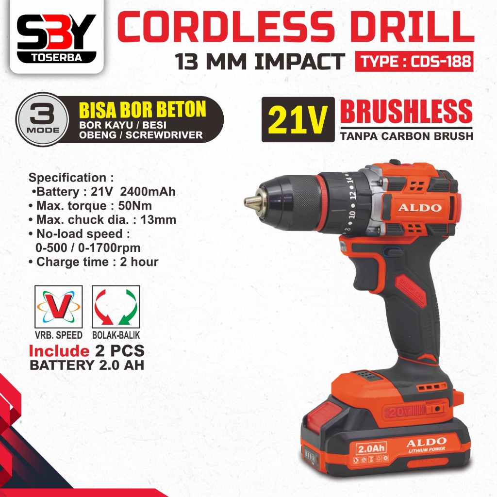 Cordless Bor 13mm Brushless Type CDS-188 ALDO / Mesin Bor Baterai 13mm Brushless