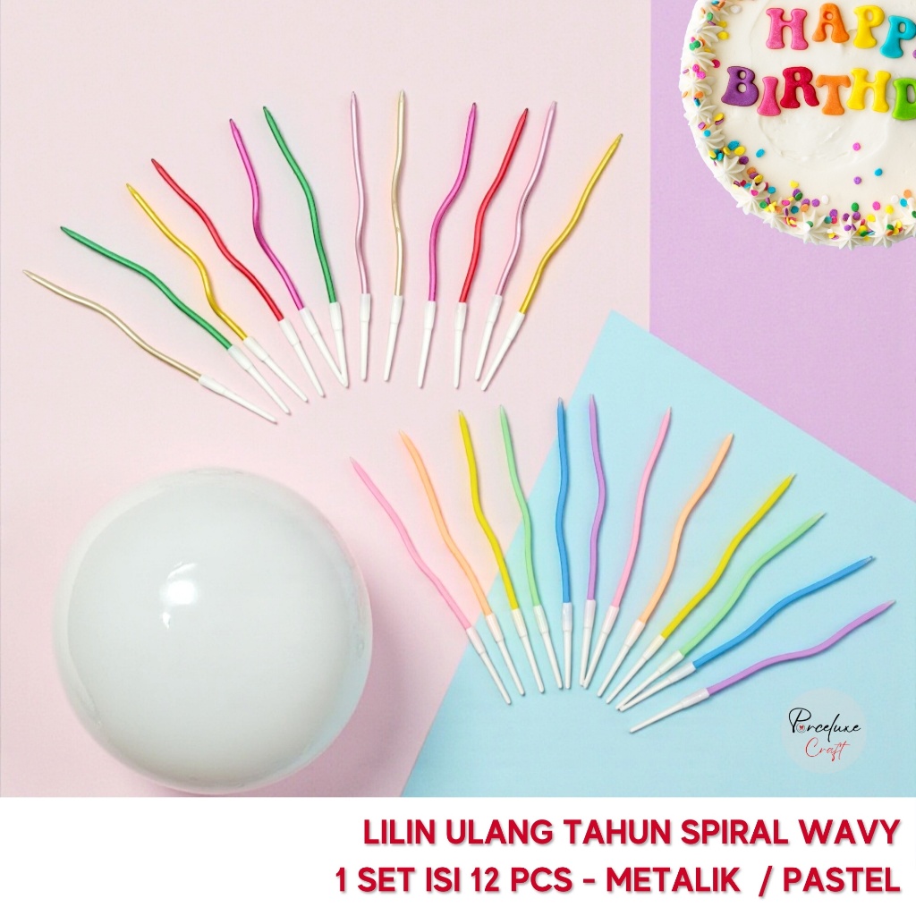 12 Pcs | Lilin Ulang Tahun Spiral Wavy Metalik Pastel Tinggi 10 cm Hiasan Kue Tart Cake Topper Dekor