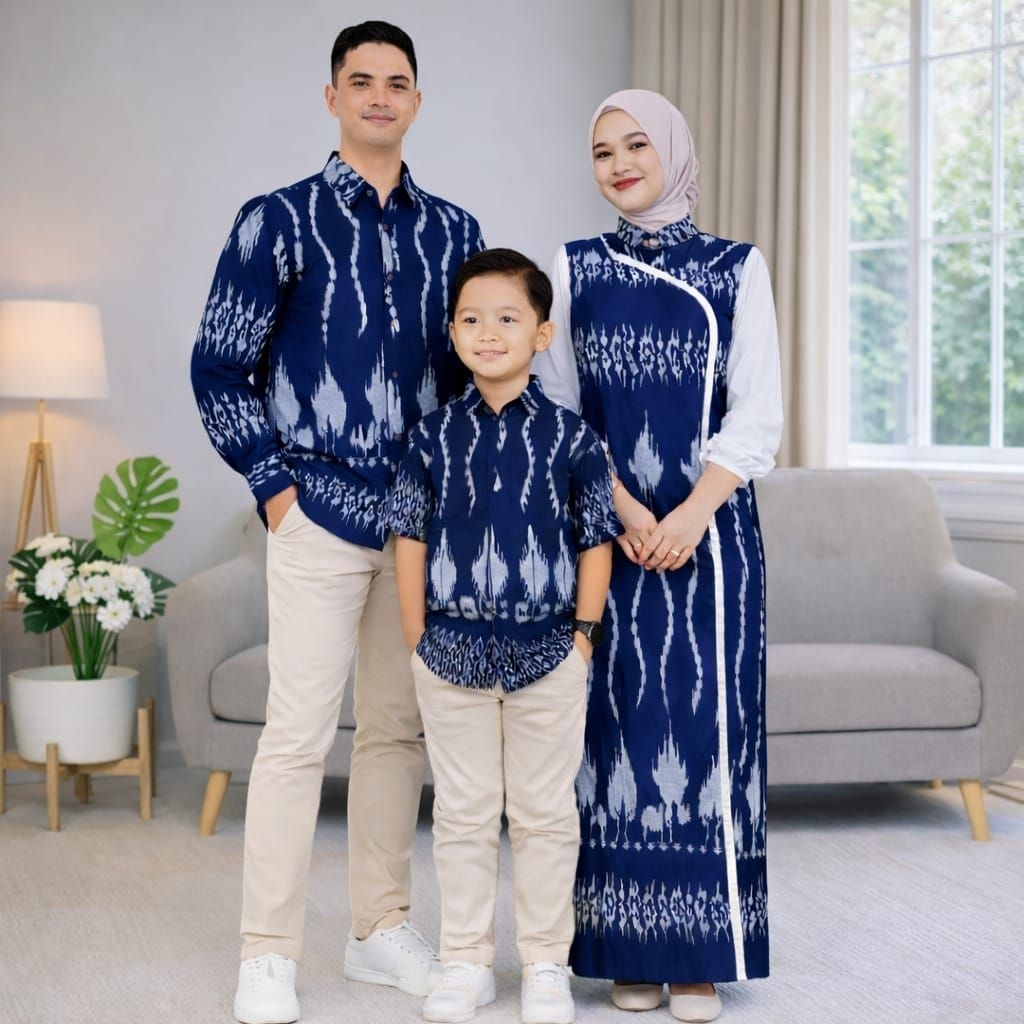 BAJU COUPLE TENUN NEW KINARA JENAR NAVY  GAMIS MUSLIMAH KONDANGAN DRESS PESTA SARIMBIT KELUARGA  BUS