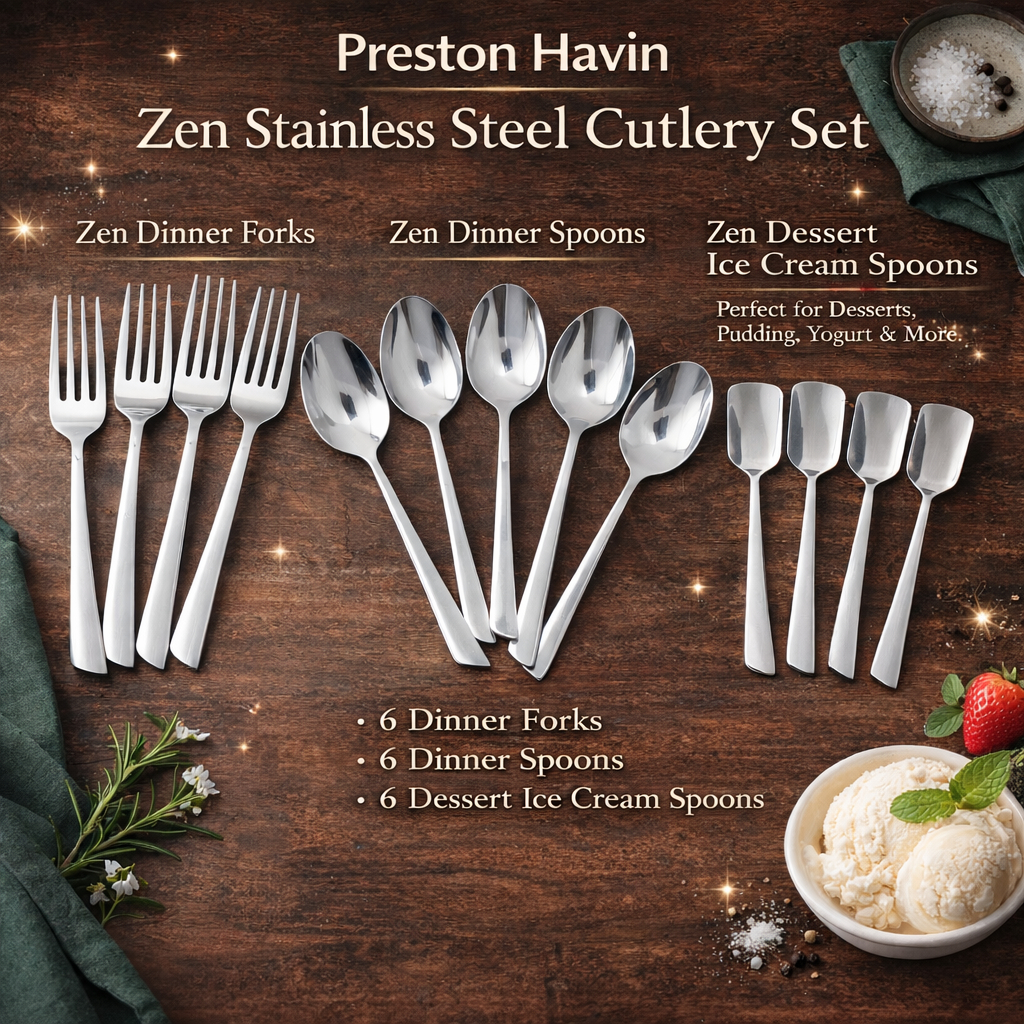 DM - Preston Havin Zen Cutlery Set Stainless Steel 6 pcs – Dinner Spoon / Dessert Fork / Ice Cream S