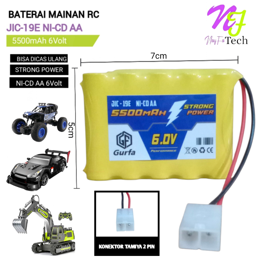 Baterai Mobil Remot / Baterai Mainan RC 5X  AA NI-CD 6V - 5500mAh Socket Putih /2 Pin