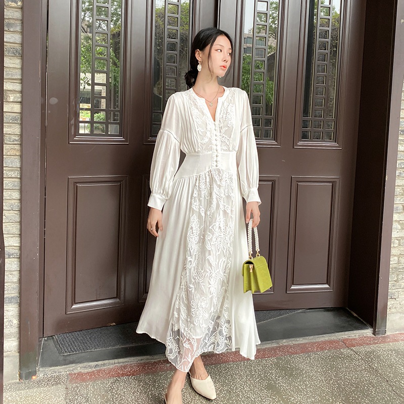 Dress Putih Brokat Wanita Terbaru Import Premium |  Midi Dress Elegan A Line Korean Style Import Pre