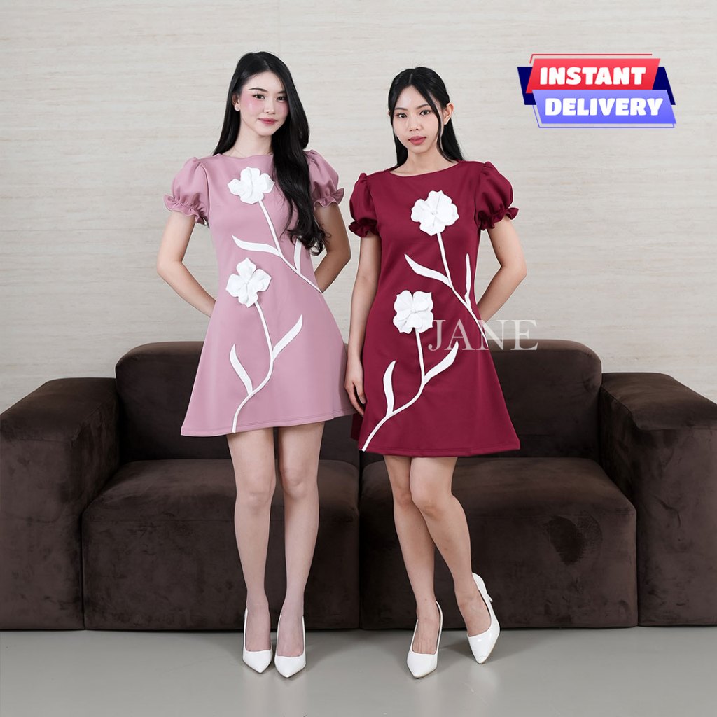 JANE | Mini Dress Wanita Hitam Casual Scuba Bunga Lengan Balon Baju Putih Wanita A Line Idella Dress