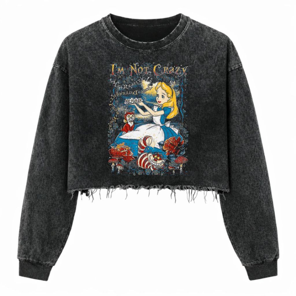 Psycho Crucify "Alice In Wonderland" Crop Top Long Sleeve Oversized T-Shirt | Washing | Crop Tee Unf