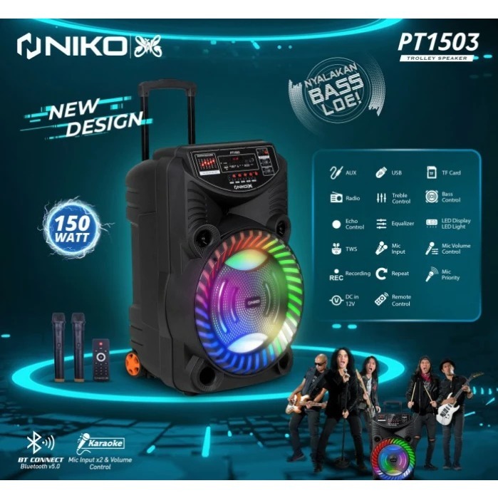 rolley Speaker NIKO PT1501  / PT 1501 / PT1503 / PT 1503 free 2mic wireless speaker bluetooth portab