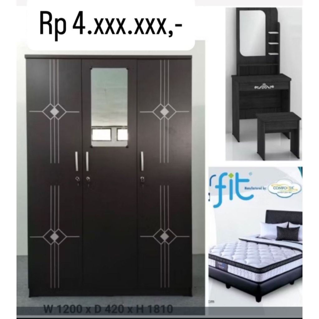 paket isi kamar, lemari, meja rias dan set springbed