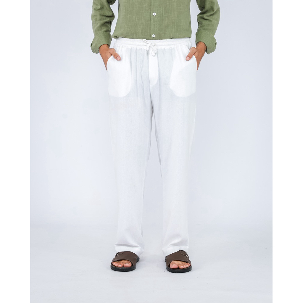 Ndoro Mens | Gabriel Linen Pants White | Celana Panjang Linen Pria | Bali Resortwear
