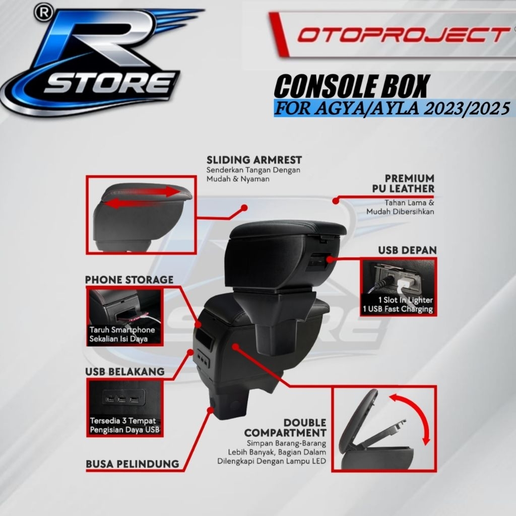 OTOPROJECT Console Box Armrest Tengah Hitam – Khusus Toyota All New Agya & Daihatsu Ayla 2023–2026