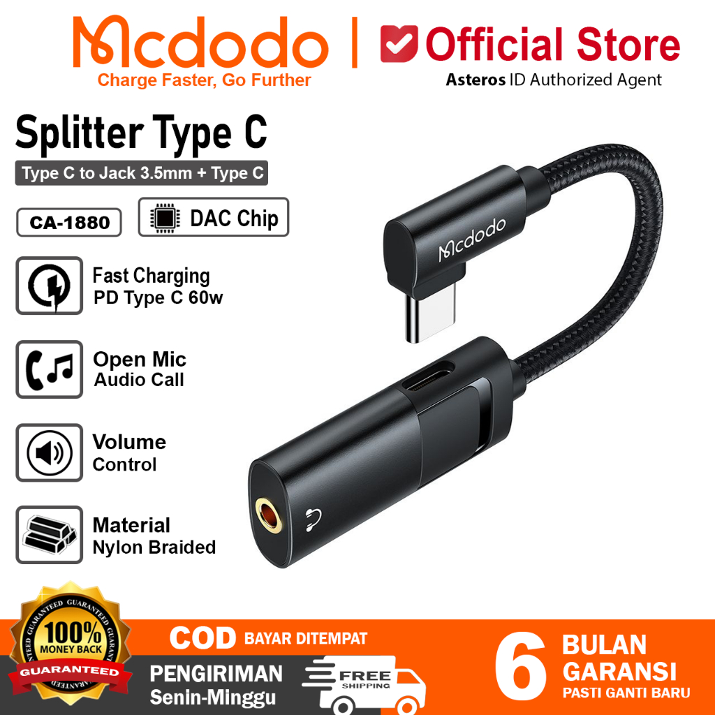 MCDODO Converter Splitter Type C to Jack 3.5mm + Type C Charging Audio Call Open Mic Game CA-1880