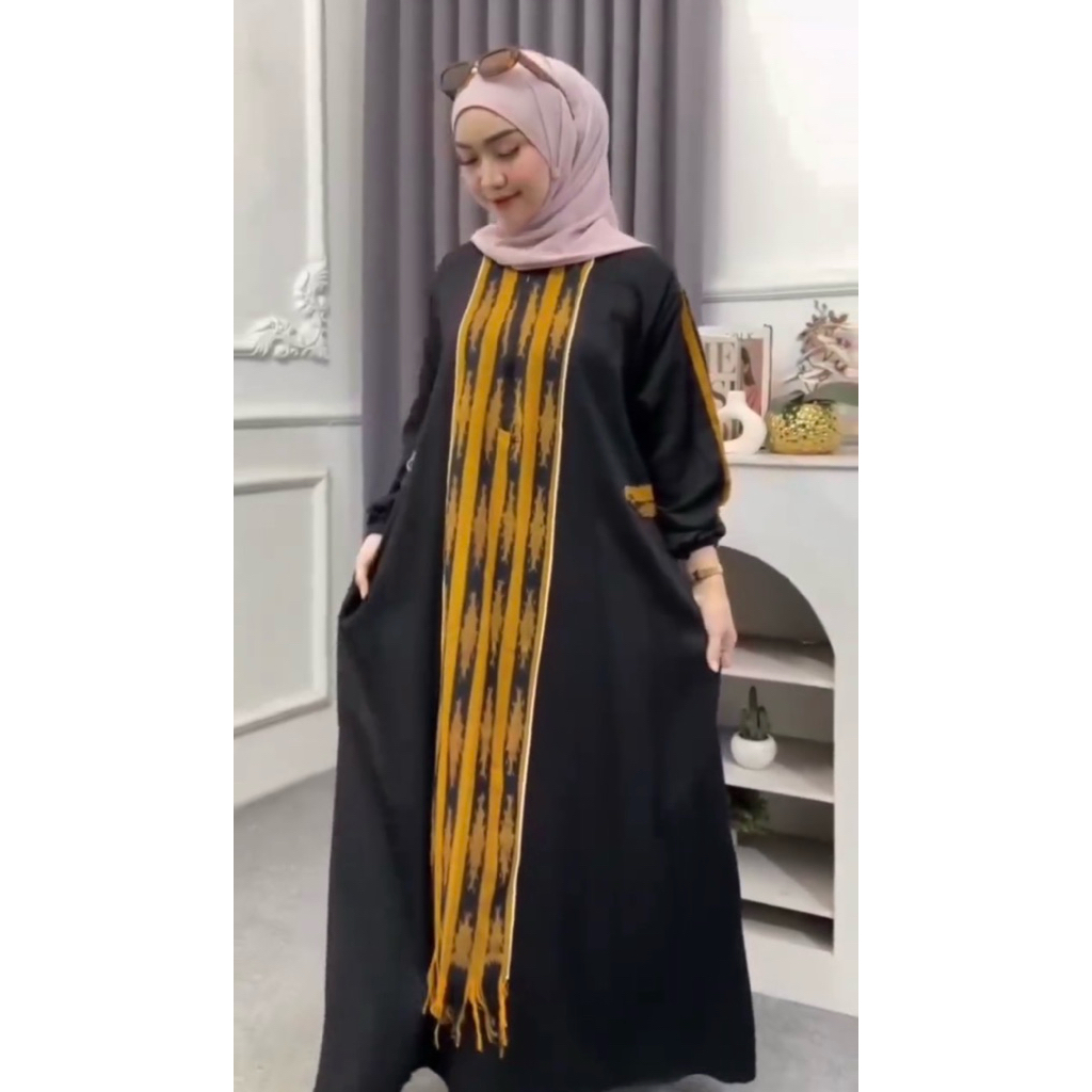 Kiara gamis raya rayon mix tenun - Gamis muslim wanita etnik modern