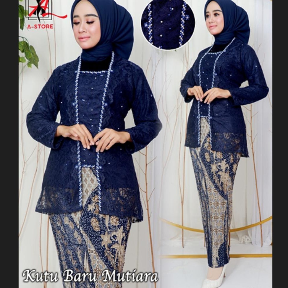 Set Kebaya Modern Kutu Baru Bahan Brokat Non Gliter Full Puring Warna Navy