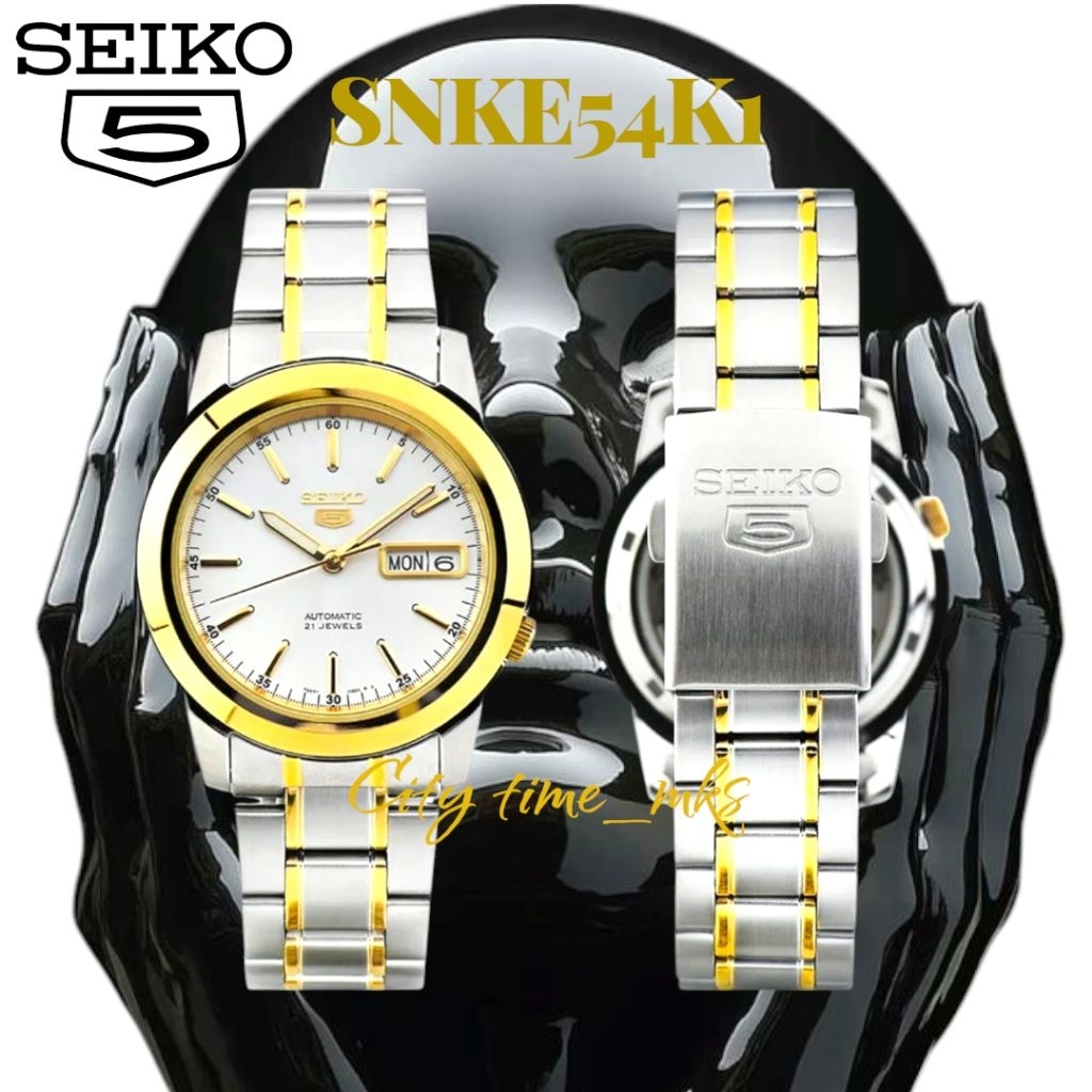 Jam tangan pria SEIKO 5 SNKE54K1 automatic white dial dual tone stainless steel strap, ORIGINAL, ber
