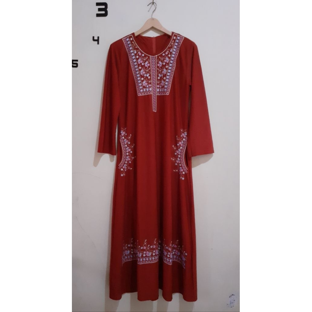preloved gamis longdress bunga bordir teracotta