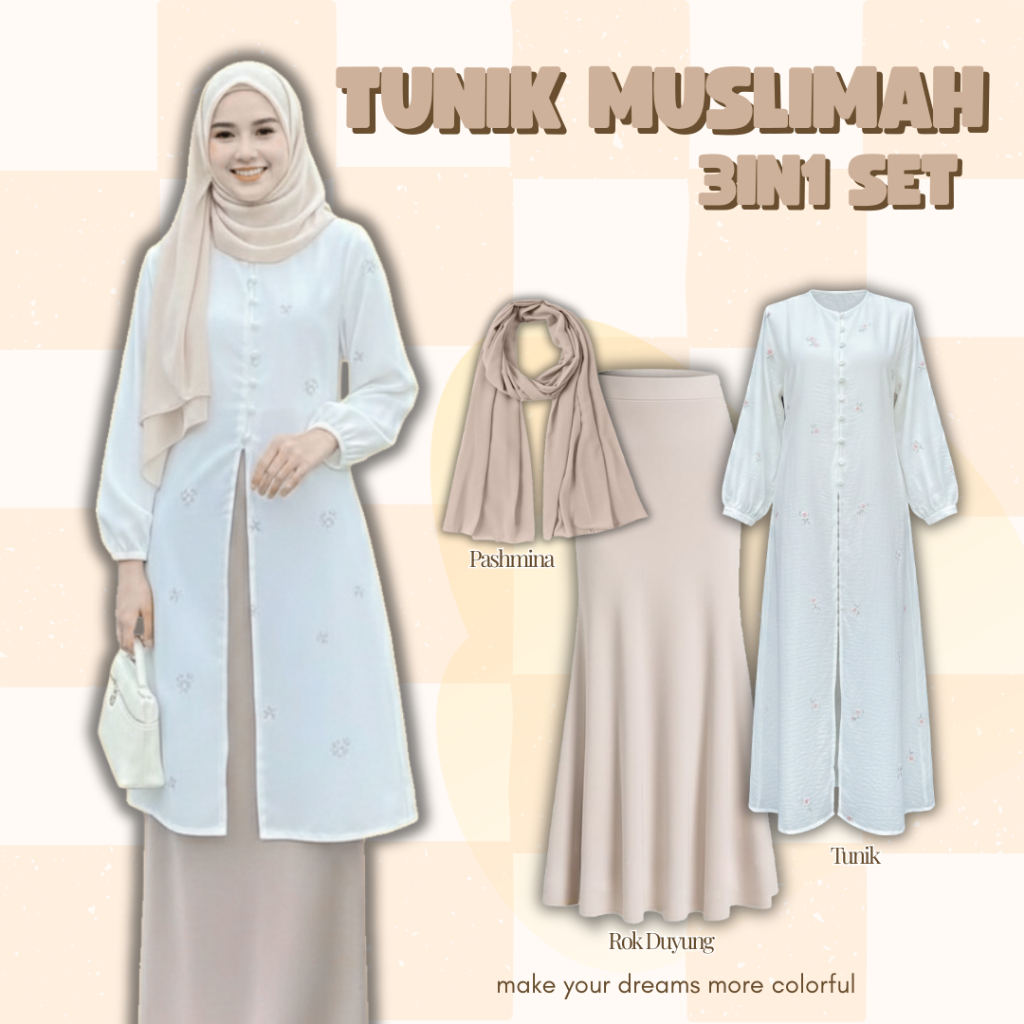 One Set Remaja Muslimah ( Tunik Motif + Rok Duyung Scuba + Hijab Pashmina ) Outfit Kondangan Wanita