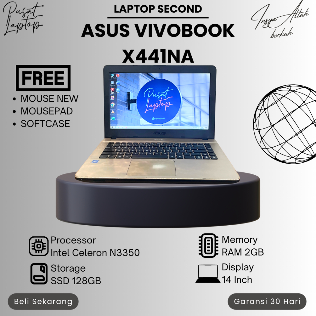 LAPTOP ASUS VIVOBOOK X441NA SECOND | INTEL CELERON N3350 | RAM 2GB | SSD 128GB | BERGARANSI