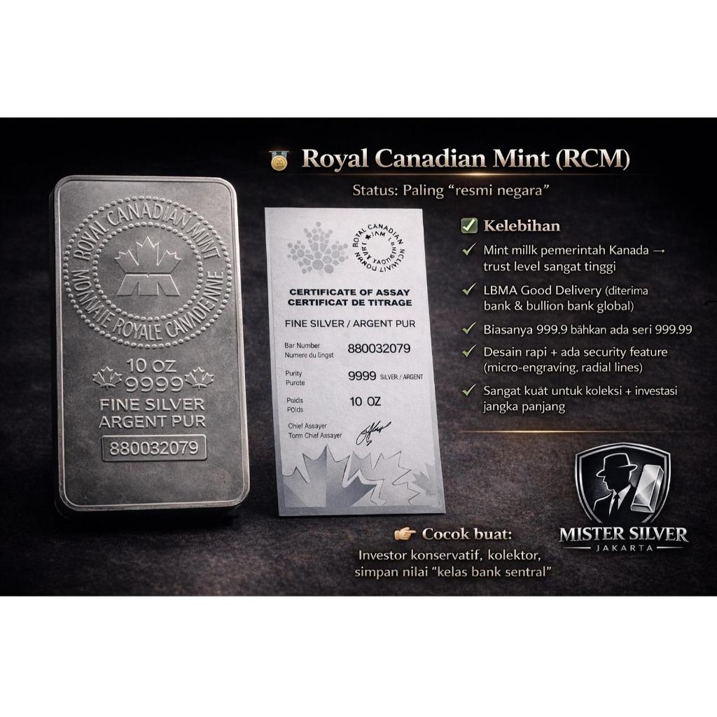 Perak Batangan RCM Royal Canadian Mint 10 Oz 99,99% Bullion Silver Bar