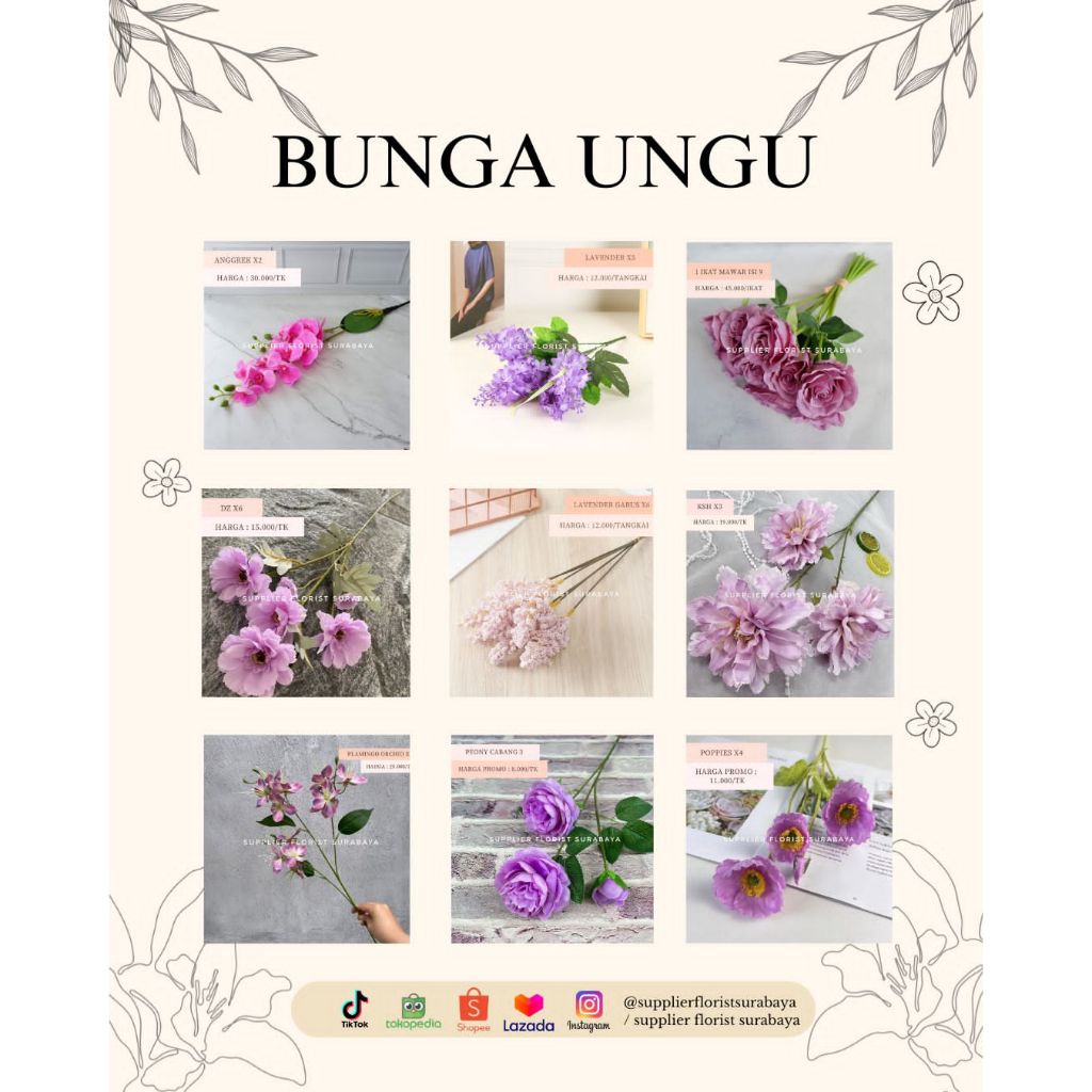 SFS - [SERI 2] KOLEKSI BUNGA WARNA UNGU,  DZ X6 LISIANTHUS X3 LAVENDER KAIN ANGGREK LALEX X9 BUNGA P