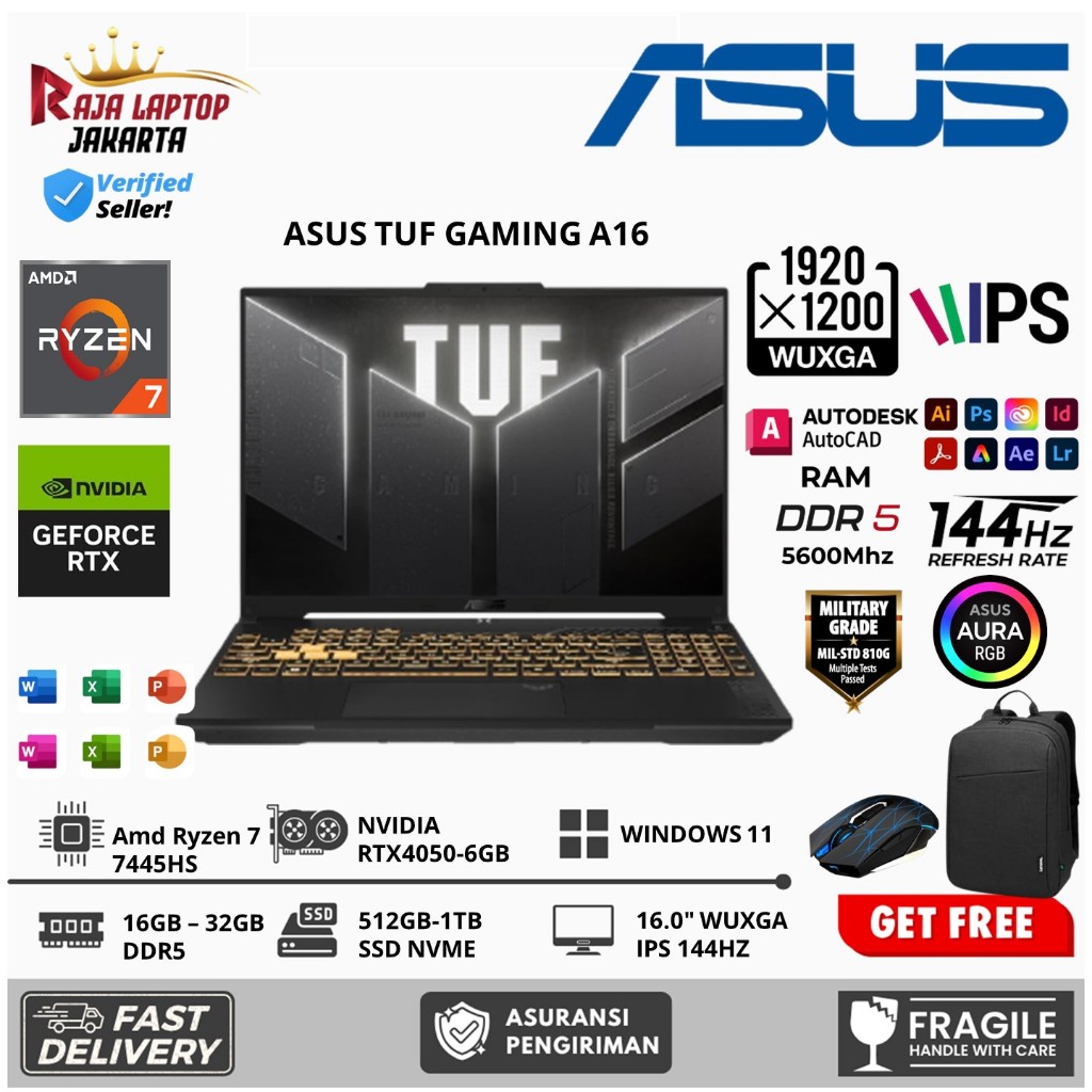 Laptop Gaming Asus TUF A16 FA507NUG AMD Ryzen 7 RTX4050 WUXGA IPS RGB Backlit Windows 11 Home Black