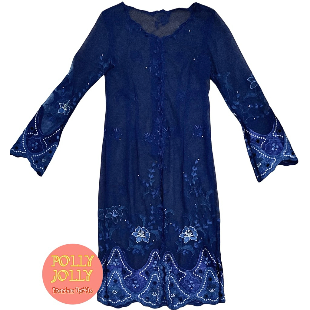 Kebaya Jadul Tunik Vintage Retro 2000s Kondangan Wisuda Warna Biru Navy Dongker (Preloved)