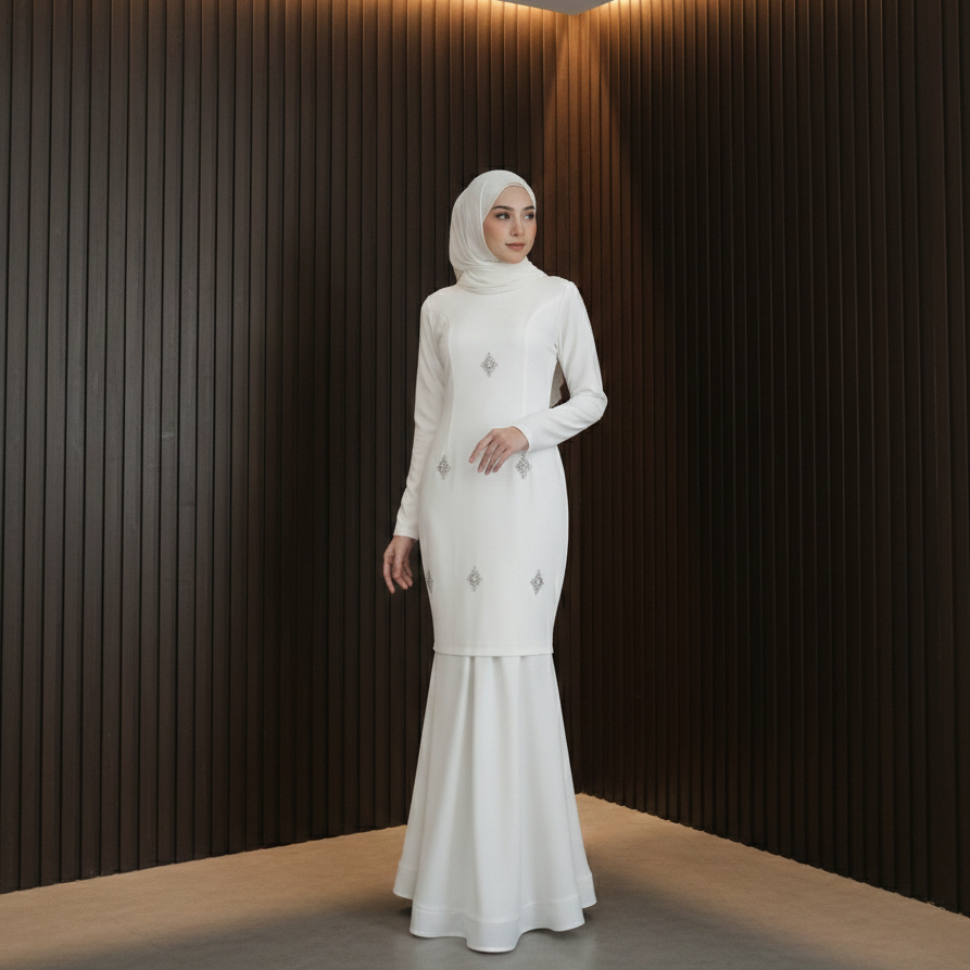 [READY STOCK] ALEEYA BROKEN WHITE Dress mermaid Baju Kurung Modern Malaysia Dress Gamis Lebaran Mewa