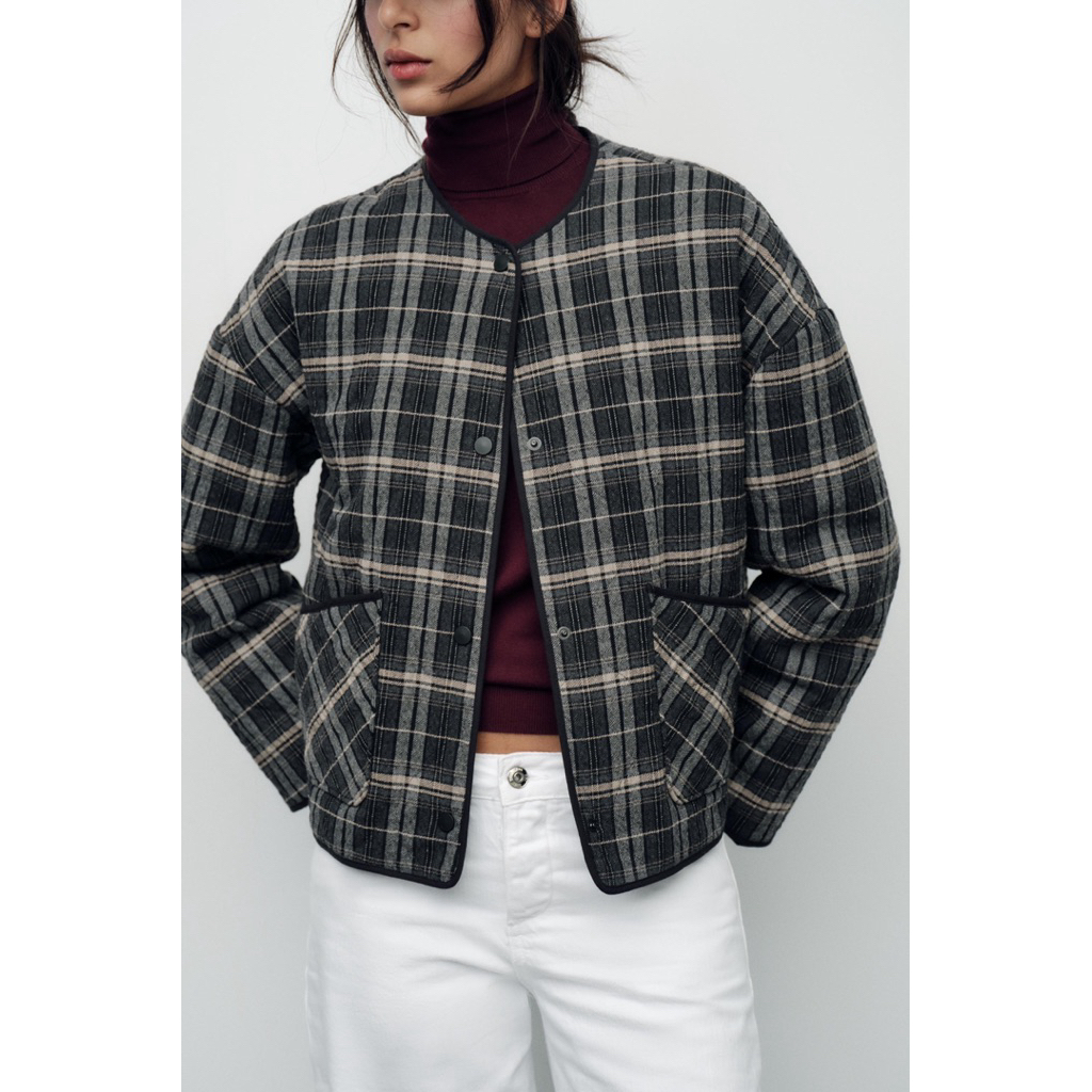 ZARA Black and Grey Plaid Bomber Jacket BNWT