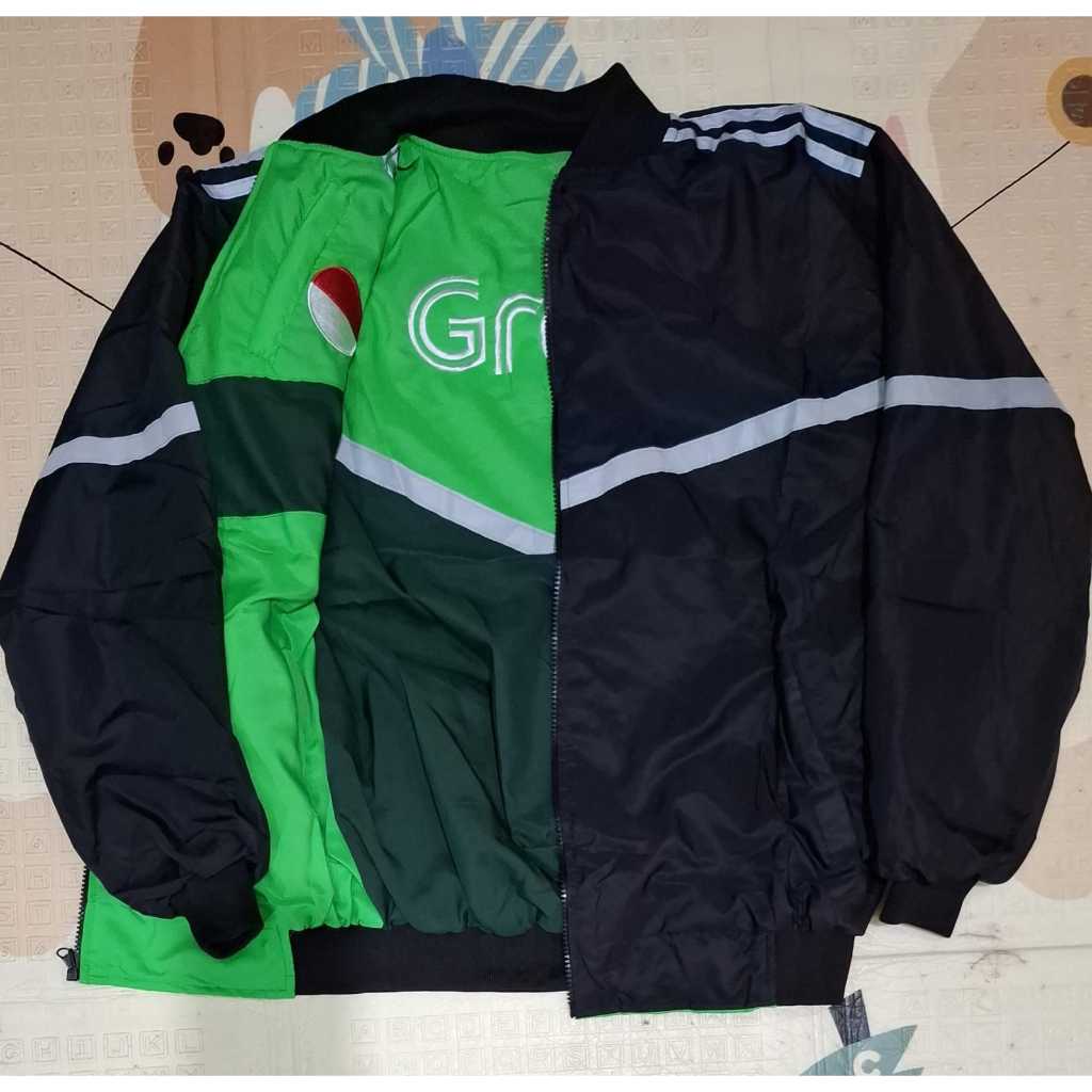 JAKET GRAB BOLAK BALIK GRAB POLOS HITAM LIST NYALA KEREN BORDIR WATERPROOF SAKU 6 BISA DIPAKE BUAT V
